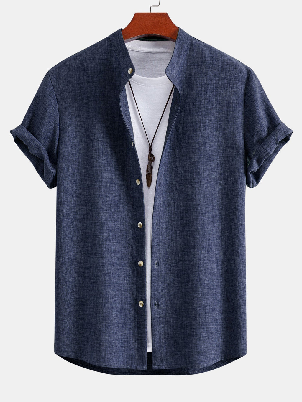 Linen Look Stand Collar Shirt