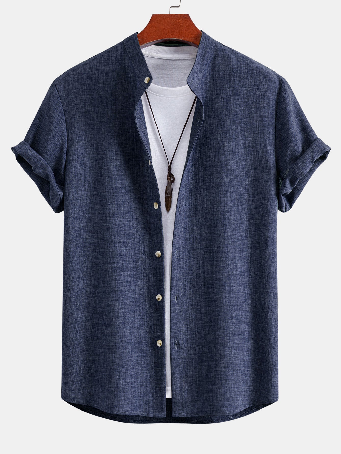Linen Look Stand Collar Shirt