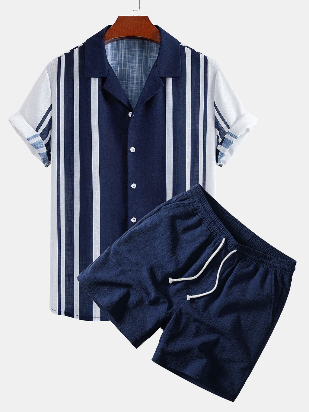 Linen Look Stripe Cuban Collar Shirt & Crinkle Textured Drawstring 5" Shorts