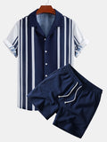 Linen Look Stripe Cuban Collar Shirt & Crinkle Textured Drawstring 5" Shorts