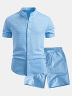 Muscle Fit Waffle Stand Collar Shirt & Drawstring 7" Shorts Set
