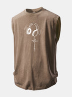 Earphone Heartbeat Print Washed Distressed Tank Top