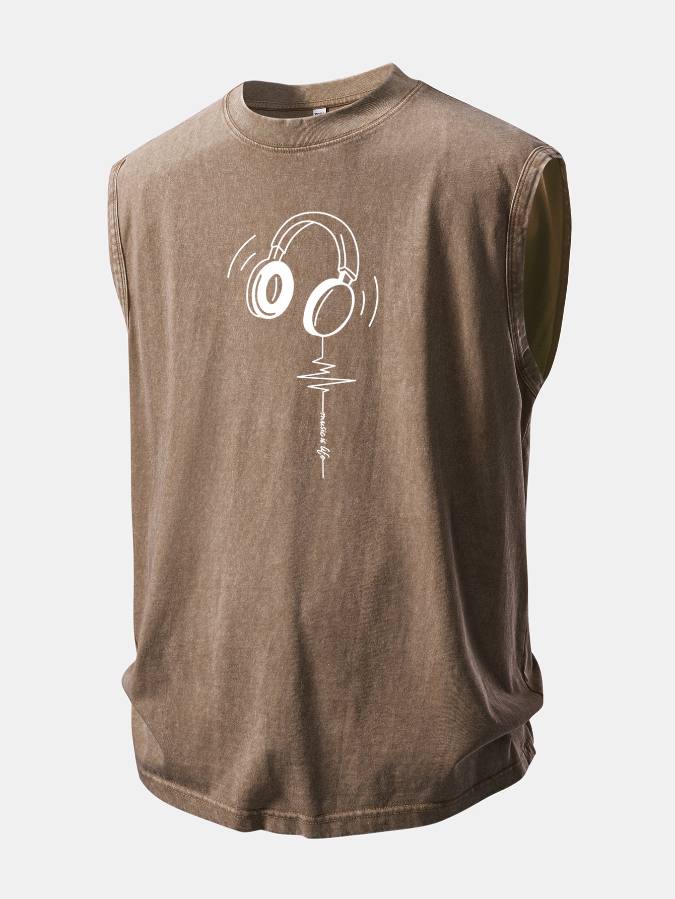 Earphone Heartbeat Print Washed Distressed Tank Top