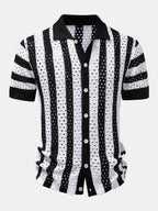Stripe Open Knit Shirt & Crinkle Textured Drawstring 5" Shorts