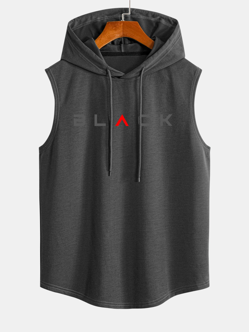 Black Print Curved Hem Sleeveless Hooded Tank Top