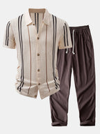 Stripe Textured Knit Shirt & Straight Leg Linen Pants