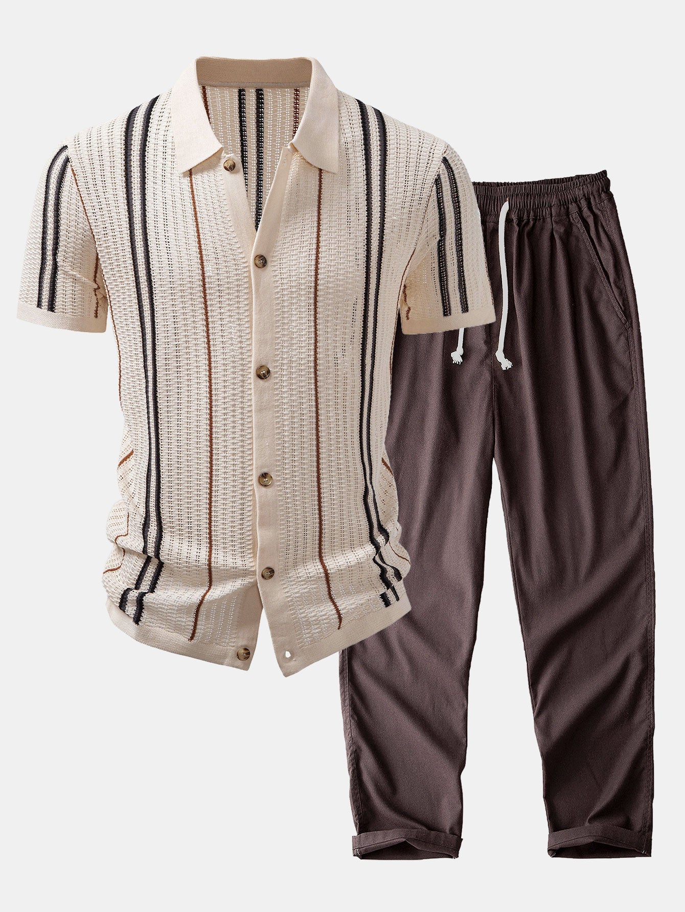Stripe Textured Knit Shirt & Straight Leg Linen Pants