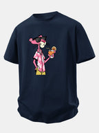 Relax Fit Vacation Pink Panther Print Crew Collar T-Shirt  & Drawstring Jersey 7" Shorts