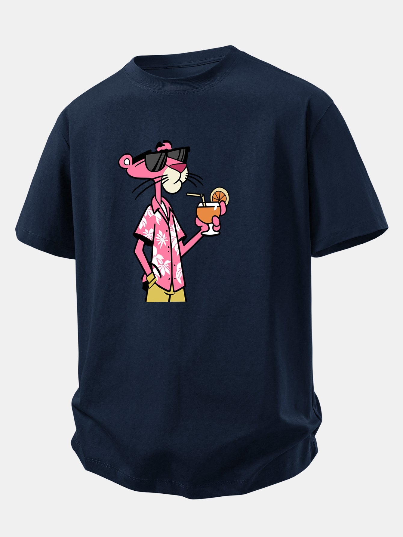 Relax Fit Vacation Pink Panther Print Crew Collar T-Shirt  & Drawstring Jersey 7" Shorts