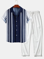 Linen Look Stripe Cuban Collar Shirt & Crinkle Textured Straight Leg Pants