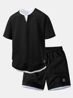 2 In 1 Waffle Notched Collar T-Shirt & Drawstring 7" Shorts Set