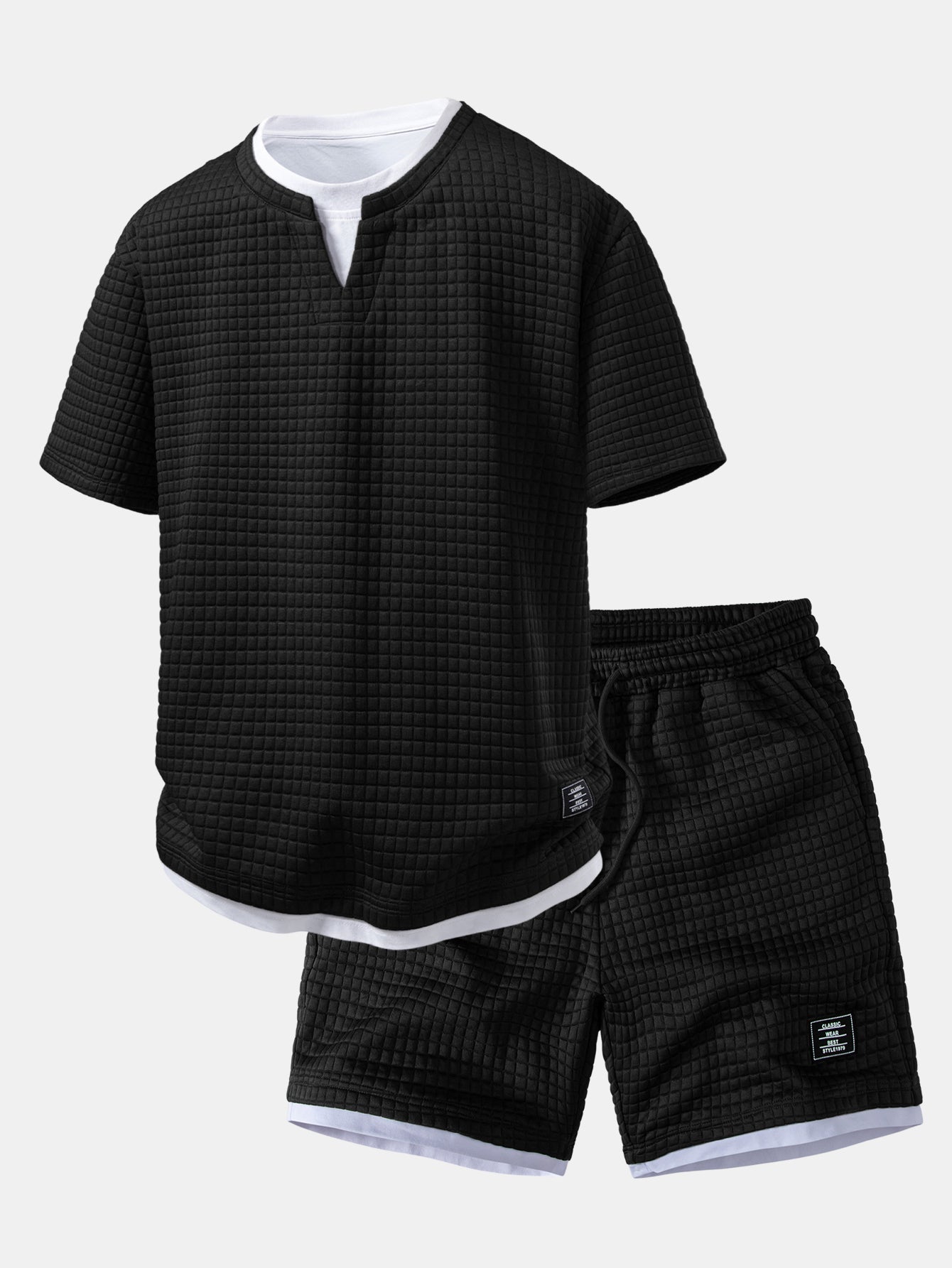 2 In 1 Waffle Notched Collar T-Shirt & Drawstring 7" Shorts Set