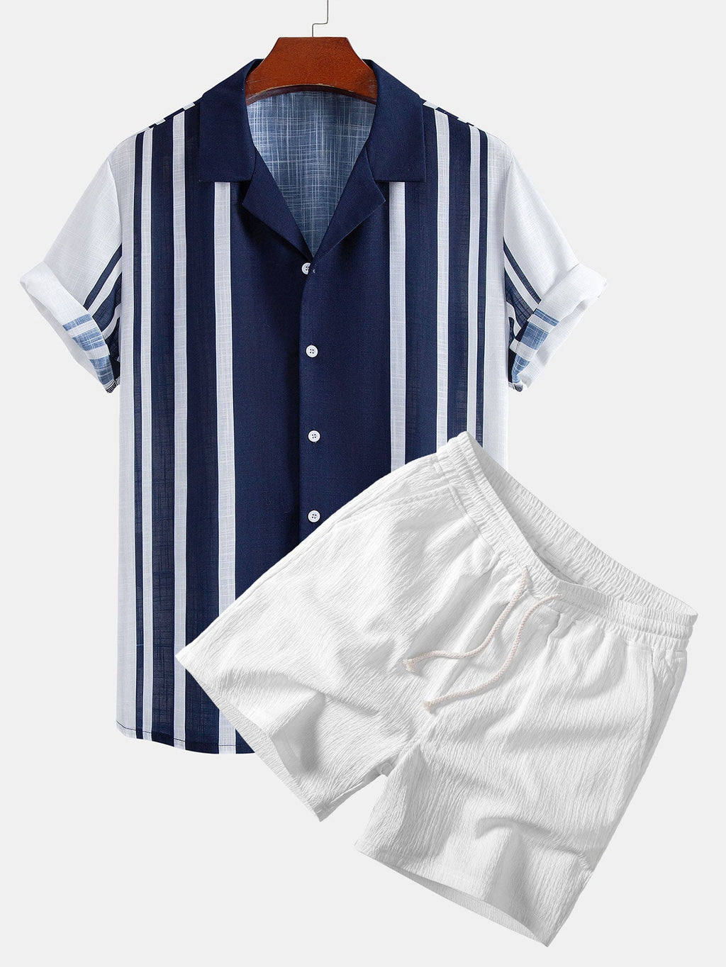 Linen Look Stripe Cuban Collar Shirt & Crinkle Textured Drawstring 5" Shorts