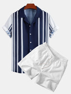 Linen Look Stripe Cuban Collar Shirt & Crinkle Textured Drawstring 5" Shorts