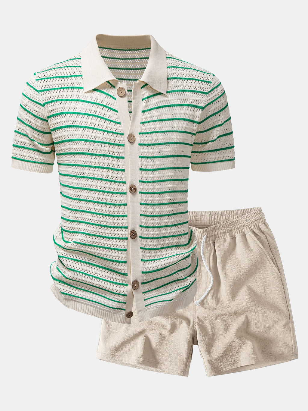 Stripe Open Knit Shirt & Crinkle Textured Drawstring 5" Shorts