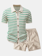 Stripe Open Knit Shirt & Crinkle Textured Drawstring 5" Shorts