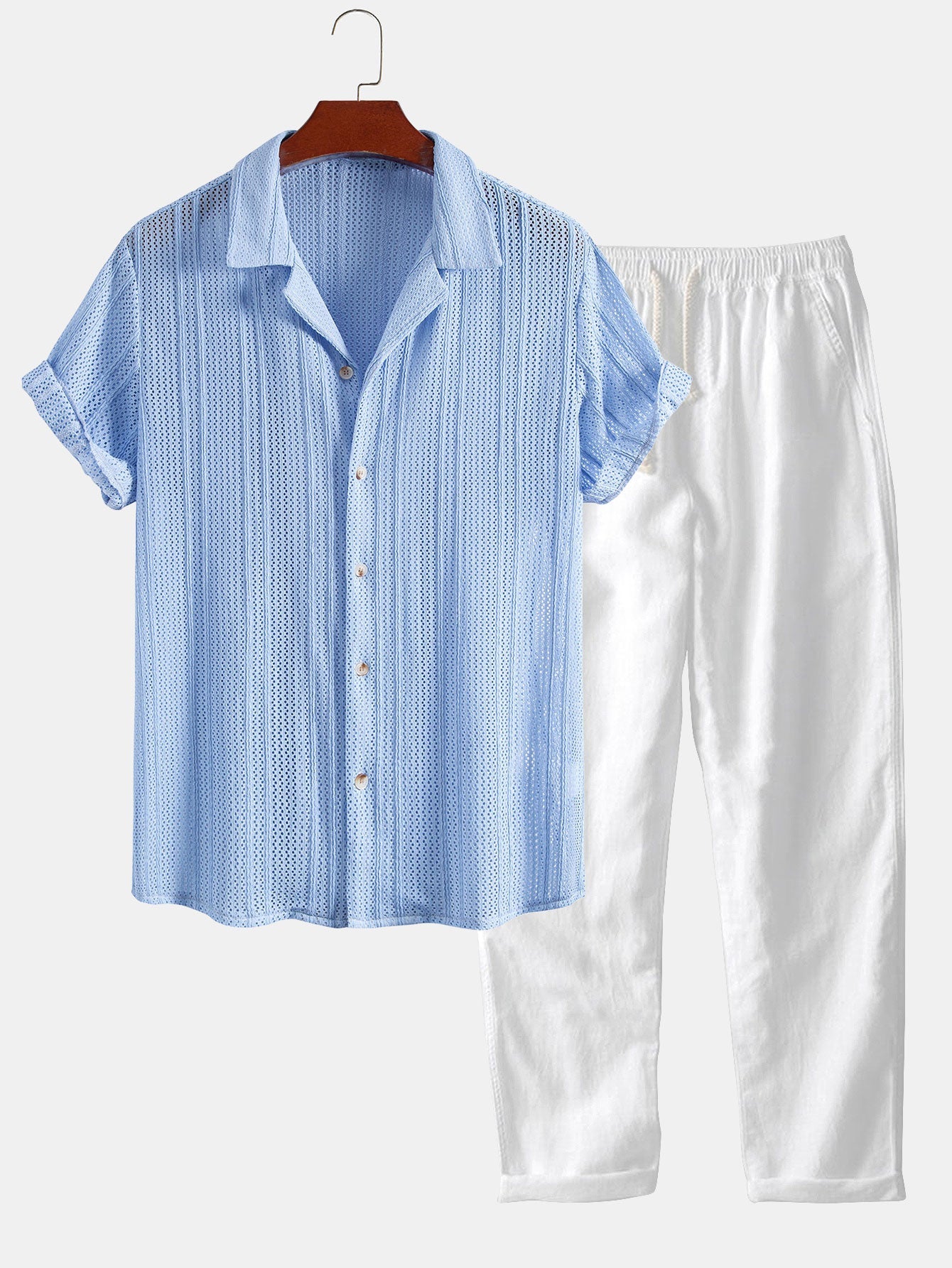 Open Knit Textured Cuban Collar Shirt & Straight Leg Linen Pants