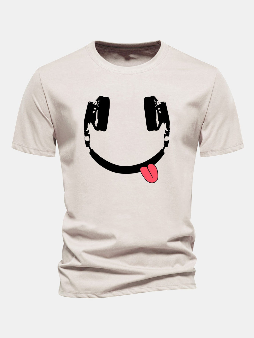 Regular Fit Headphone Smiley Face Print Cotton T-Shirt