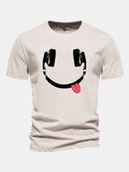 Regular Fit Headphone Smiley Face Print Cotton T-Shirt