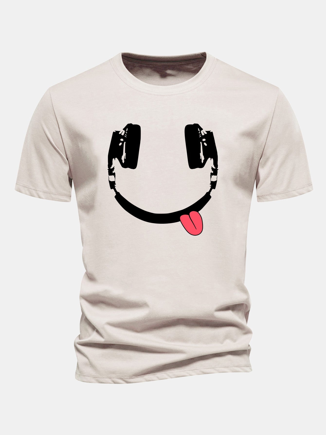 Regular Fit Headphone Smiley Face Print Cotton T-Shirt
