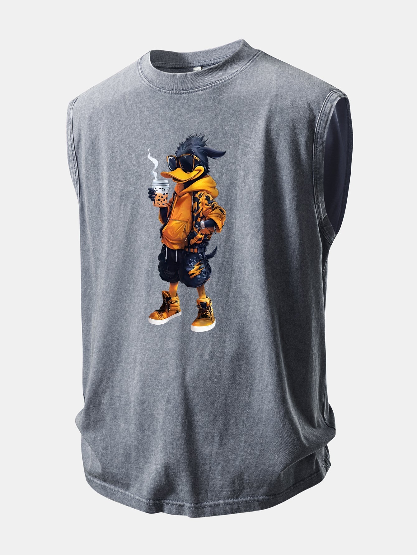 Cool Duck Print Washed Distressed Tank Top