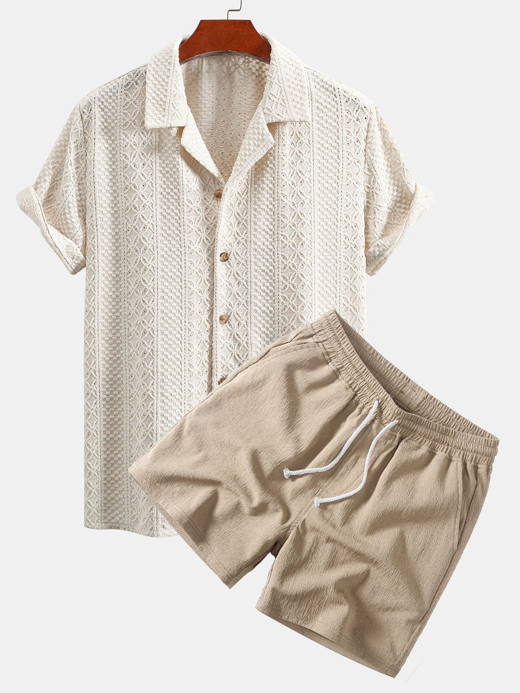 Floral Checkerboard Jacquard Cuban Shirt & Crinkle Textured Drawstring 5" Shorts