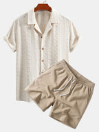 Floral Checkerboard Jacquard Cuban Shirt & Crinkle Textured Drawstring 5" Shorts