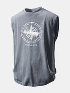 Mountain Compass Print Washed Distressed Tank Top