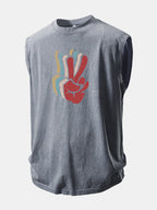 V-sign Print Washed Distressed Tank Top