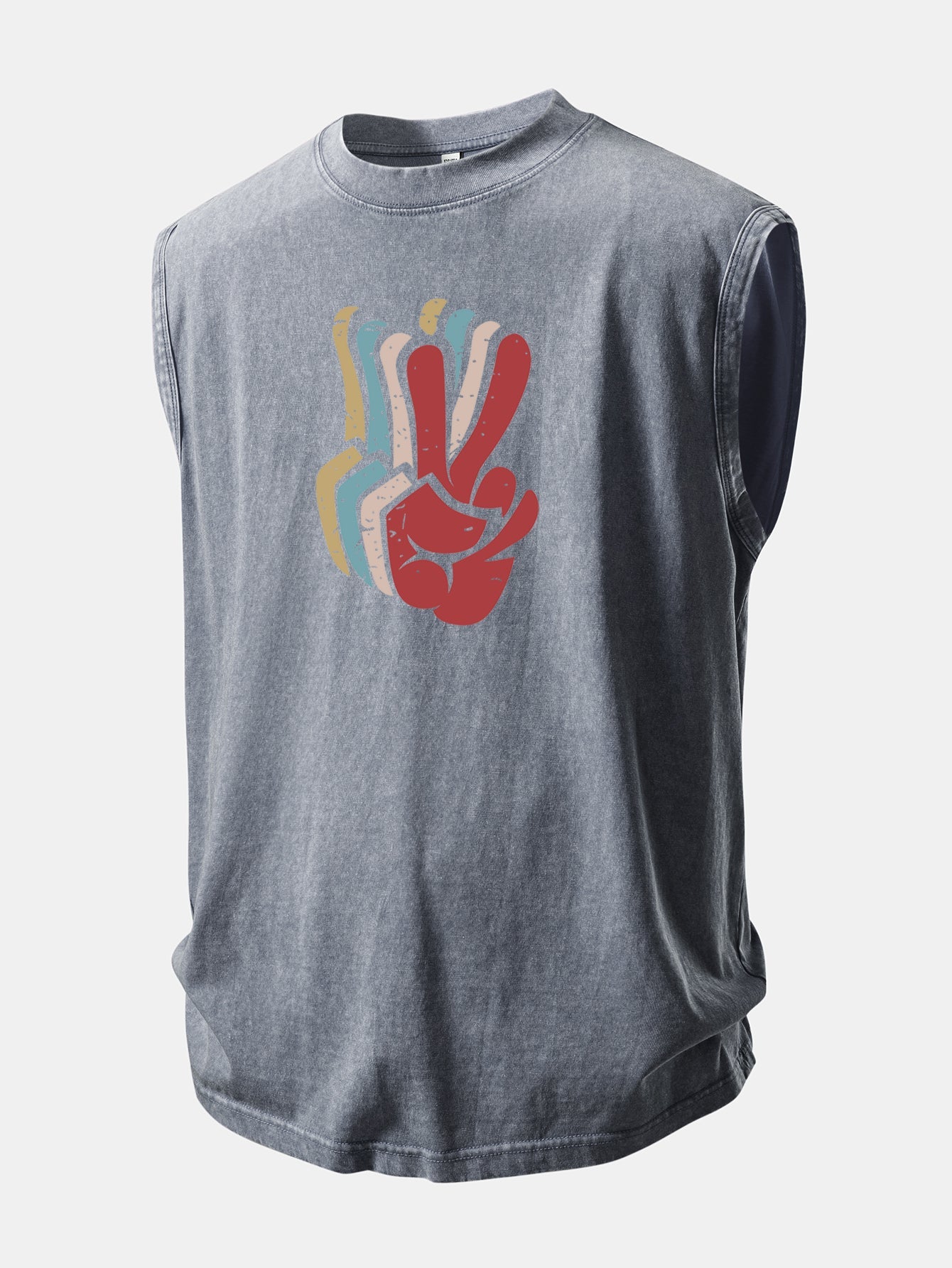 V-sign Print Washed Distressed Tank Top