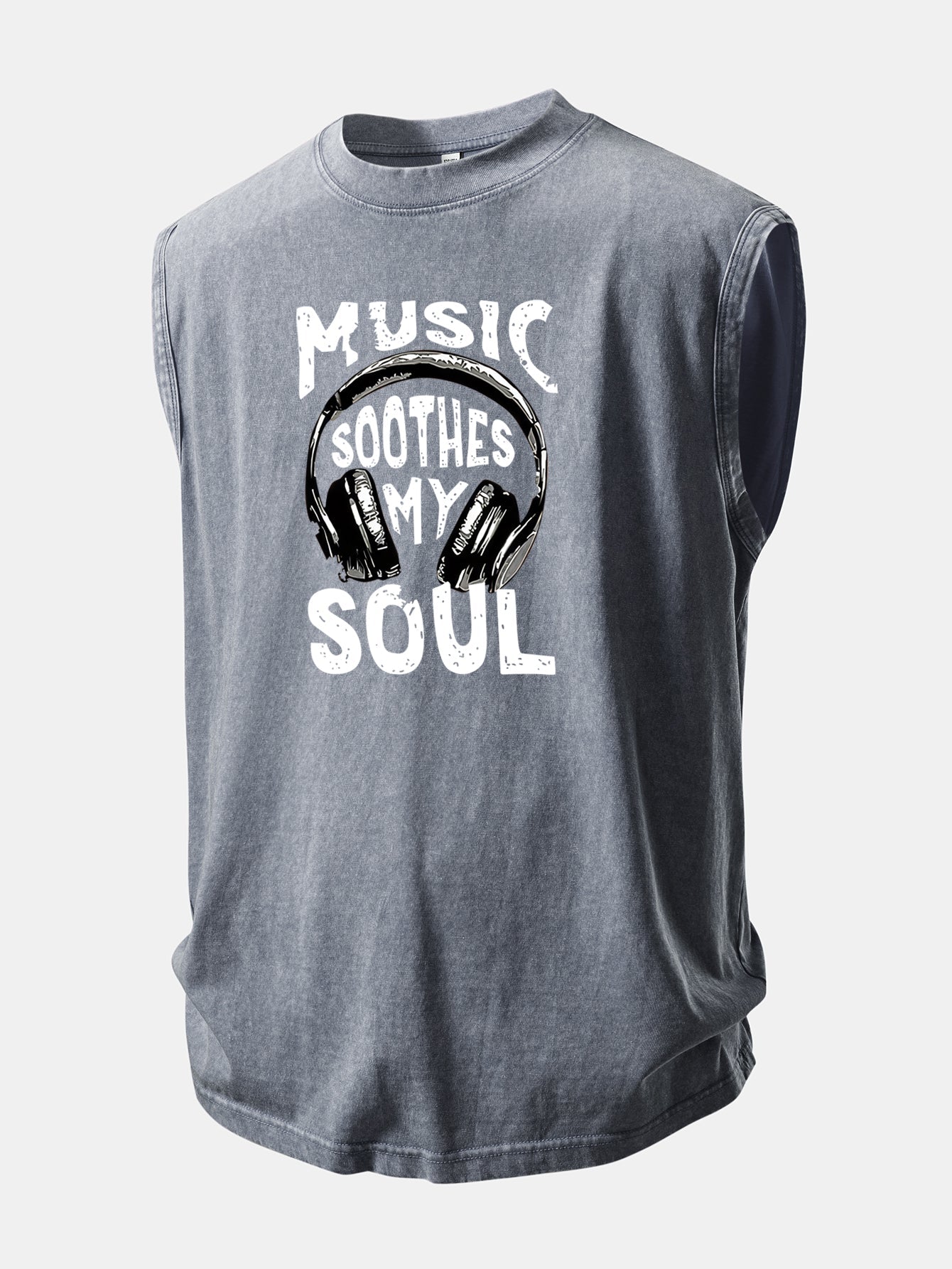 Music Headphones Print Washed Distressed Tank Top