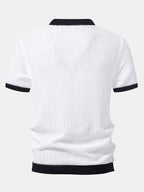 Contrast Trim Deep V Neck Textured Knit T-Shirt