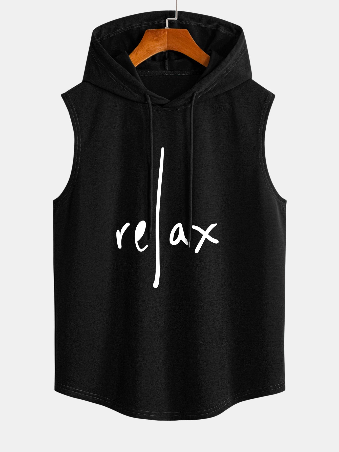 Relax Print Curved Hem Sleeveless Hooded Tank Top