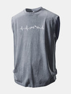 Mountain Heartbeat Print Washed Distressed Tank Top