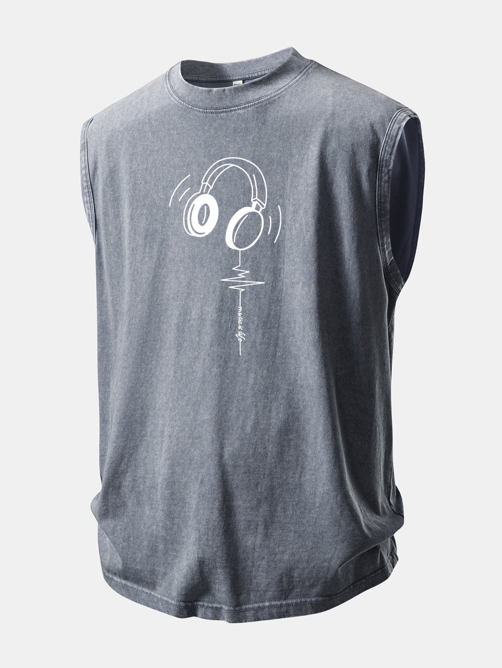 Earphone Heartbeat Print Washed Distressed Tank Top