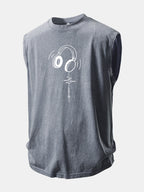 Earphone Heartbeat Print Washed Distressed Tank Top