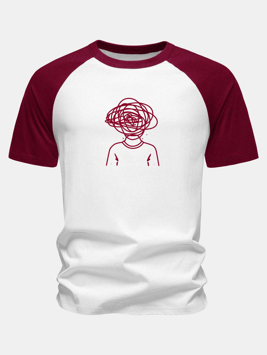 Overthinking Scribble Head Print Cotton Raglan Sleeve T-Shirt