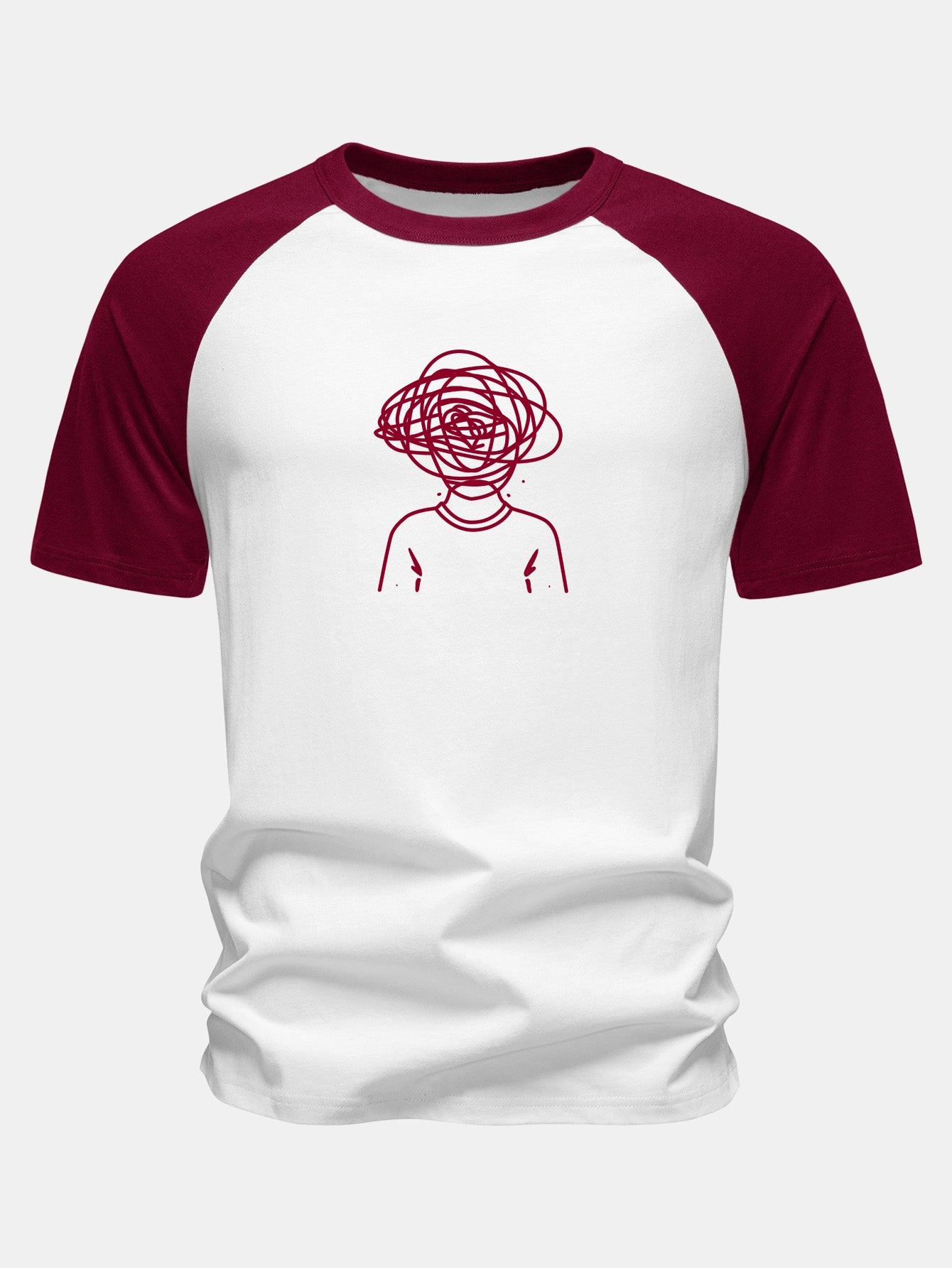 Overthinking Scribble Head Print Cotton Raglan Sleeve T-Shirt