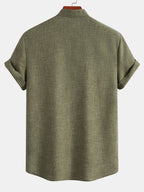 Linen Look Stand Collar Shirt & Drawstring 7" Shorts