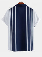 Linen Look Stripe Cuban Collar Shirt & Crinkle Textured Drawstring 5" Shorts