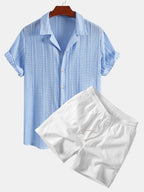 Open Knit Textured Cuban Collar Shirt & Crinkle Textured Drawstring 5" Shorts