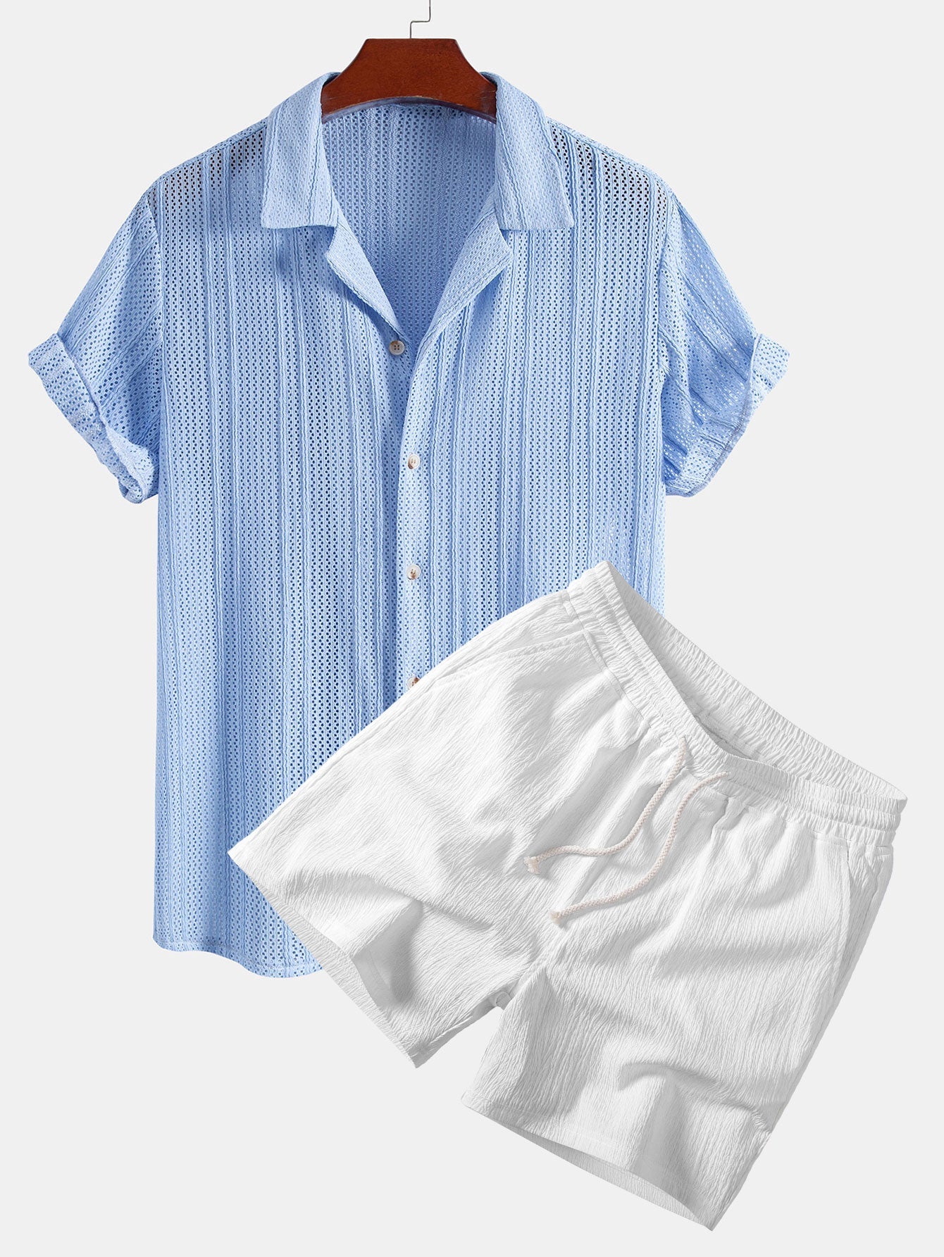 Open Knit Textured Cuban Collar Shirt & Crinkle Textured Drawstring 5" Shorts