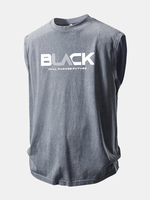 Black Print Washed Distressed Tank Top