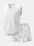 Ribbed Notched Collar Tank Top & Ribbed Drawstring 7" Shorts