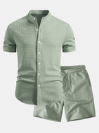 Muscle Fit Waffle Stand Collar Shirt & Drawstring 7" Shorts Set