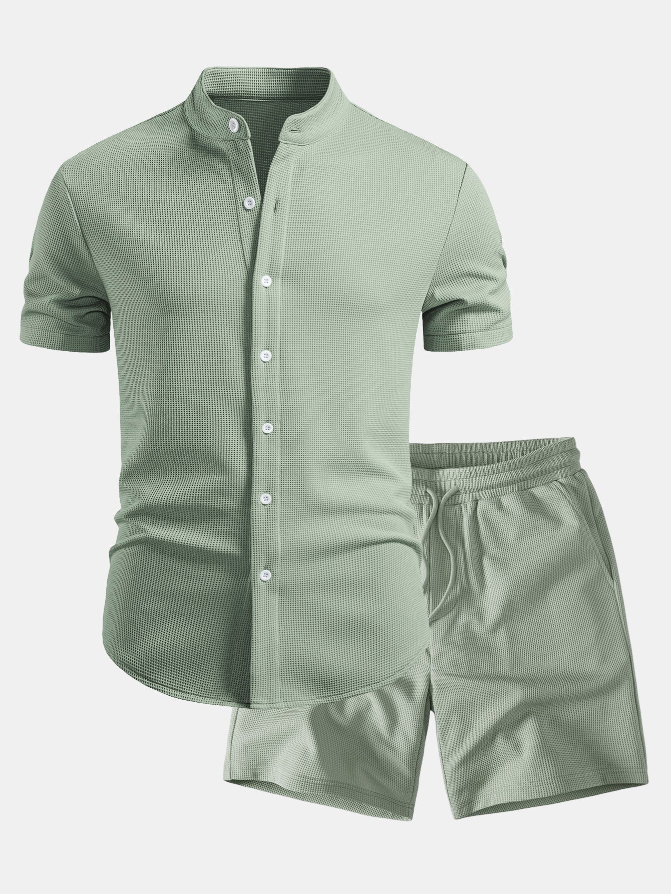 Muscle Fit Waffle Stand Collar Shirt & Drawstring 7" Shorts Set
