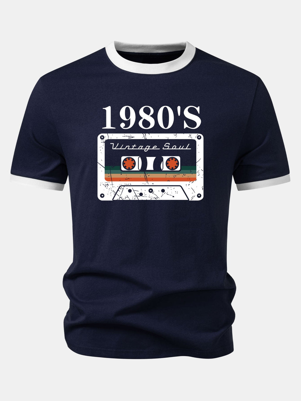 1980‘s Cassette Tape Print Contrast Ringer T-Shirt