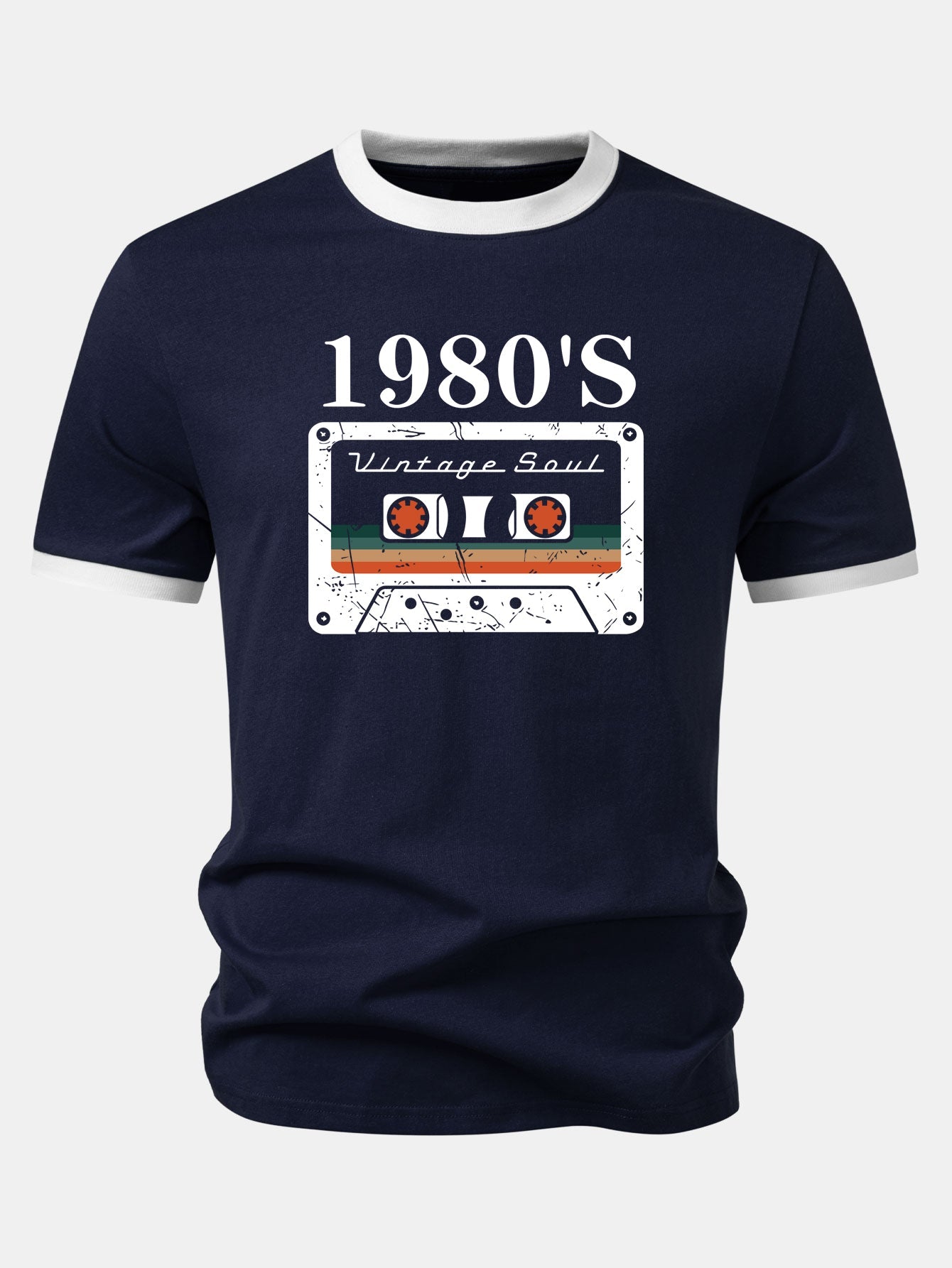 1980‘s Cassette Tape Print Contrast Ringer T-Shirt