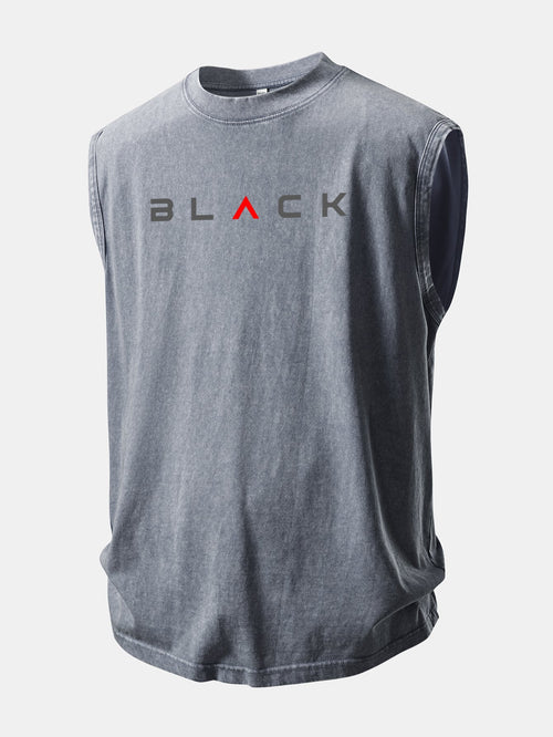 Black Print Washed Distressed Tank Top
