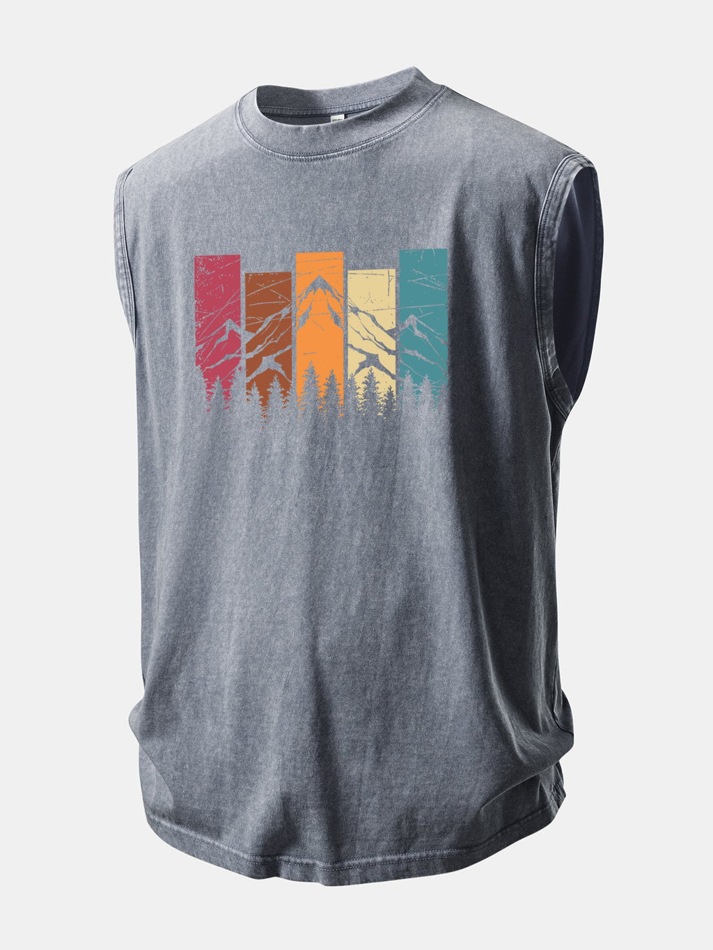 Colorful Mountain Print Washed Distressed Tank Top